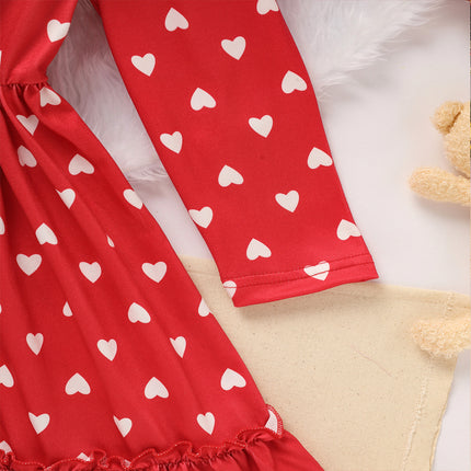 Toddler Girl's Cute 'LOVE' Embroidered Dress, Heart Print Long Sleeve A-Line Dress With Ruffle Hem