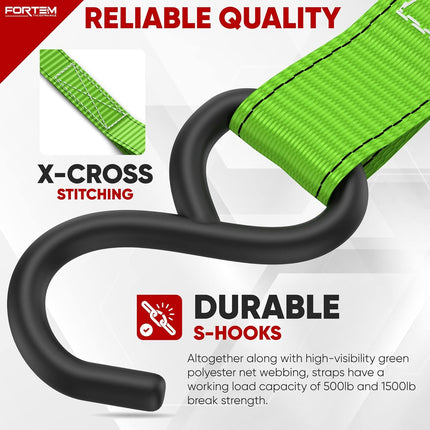 Ratchet Straps, 1650Lb Break Strength, 4 15Ft Tie down Strap Set, 4 Soft Loops, Motorcycle Straps Tie Downs, Cargo Straps for Trucks, Rubber Handles, Coated Metal Hooks, Carry Bag (Green)