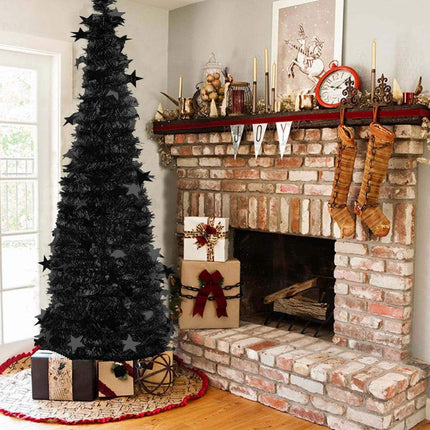 Halloween Tree Pop up Tinsel Trees 5FT Black Collapsible Pencil Trees Artificial Halloween Xmas Tree for Home Fireplace Party Indoor Outdoor Decoration(Pop up Tinsel Trees for Black, 5FT)