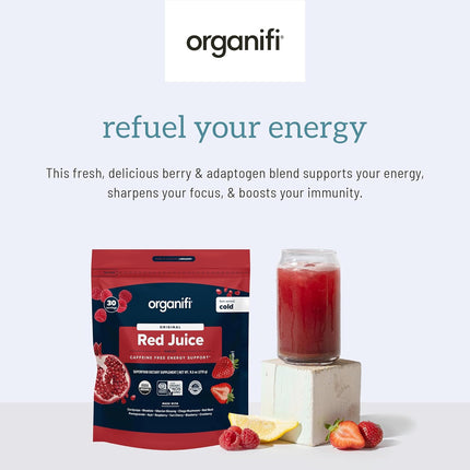 Red Juice - Natural Superfood Energy Boost - High in Antioxidants - Sweet-Berry Taste - Caffeine-Free - Contains Adaptogens and Organic Mushrooms, 30 Servings