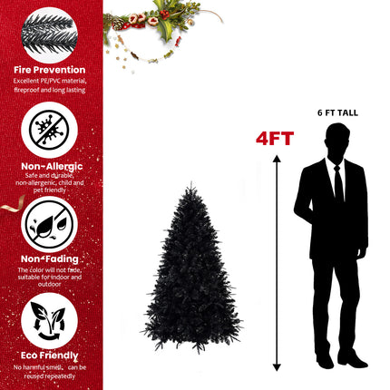 Prelit Black Christmas Tree With White Lights Artificial Fake Christmas Tree With PE&PVC Branch Tips For Halloween And Xmas Tree For Holiday Decorations, Metal Stand And Hinged Branches