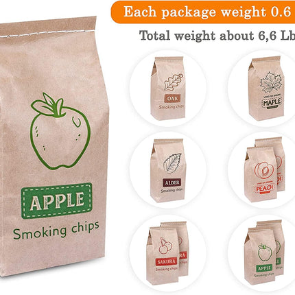 Wood Smoking Chips for Smoker | 9-Piece Variety Pack of Natural Wood Chips - Oak, Alder, Cherry, Apple, Sakura, Peach, and Maple | Suitable for Smokers, Electric & Gas Grill | Bonus E-Book