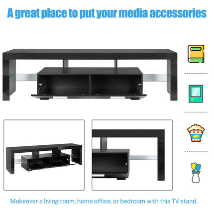 TV Stand for Tvs up to 70", High Gloss TV Cabinet with LED Light, Modern TV Console Table with Storage Drawers, Media Television Stand Entertainment Center, Black