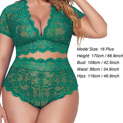 plus Size Lingerie plus Floral Lace Scallop Trim Lingerie Set Deep V Allover Lace Bra Panties Set Sexy Clubwear (22 plus Green)