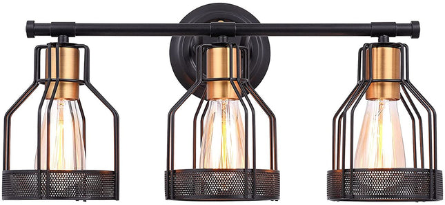 Industrial Bathroom Vanity Light 3 Light Farmhouse Metal Cage Bathroom Wall Light Fixture Black Wall Sconce Lighting Edison Vintage Wall Light Fixture for Bathroom Vanity Mirror Cabinet