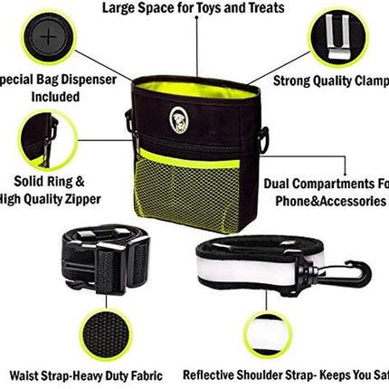 Dog Treat Pouch - Premium Training Treat Bag with Clicker and Collapsible Bowl for Dogs, Adjustable Waist and Shoulder Reflective Straps and Belt Clip, Ideal for Pet Obedience and Agility Training