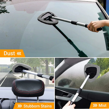 , Car Window Cleaner, Microfiber Car Windshield Cleaning Tool with Extendable Handle and Washable Reusable Cloth Pad Head Auto Interior Exterior Glass Wiper Kits, Grey