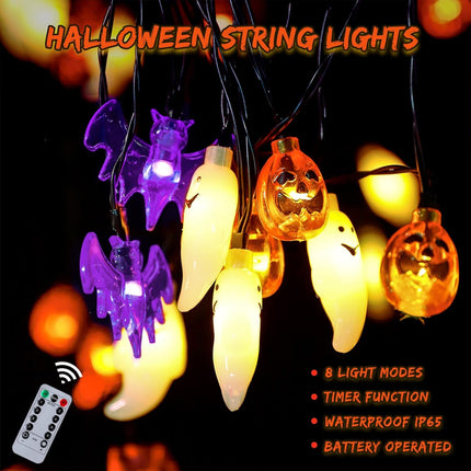 Halloween String Lights Battery Operated 20 Feet 30 LED 3D Pumpkin Bat Ghost Lights with Timer - 8 Light Modes Halloween Decorations Lights Indoor Outdoor Cute Halloween Party Decor (Upgrade)