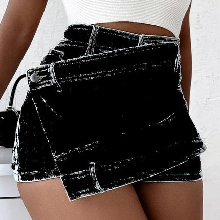 Y2K Street Vintage Denim Shorts Stretch Overlap Waist Wrap Solid Asymmetrical Hem A-Line Skinny Mini Skorts Skirt