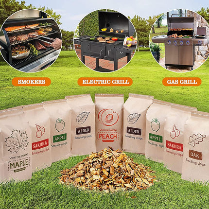 Wood Smoking Chips for Smoker | 9-Piece Variety Pack of Natural Wood Chips - Oak, Alder, Cherry, Apple, Sakura, Peach, and Maple | Suitable for Smokers, Electric & Gas Grill | Bonus E-Book