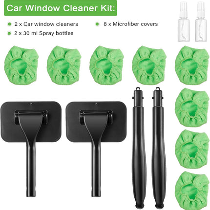 2 Pack Windshield Cleaning Tool Windshield Cleaning Wand Auto Window Cleaner with Detachable Handle, 8 Pieces Reusable Cloth Pads and 2 Pieces Spray Bottles for Car Interior (Green)