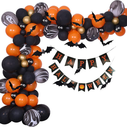 Halloween Balloons Garland Arch Kit, Halloween Party Decorations Set with Halloween Banner Orange,Black and Gold Balloons,Bats Decoration for Halloween Party Supplies