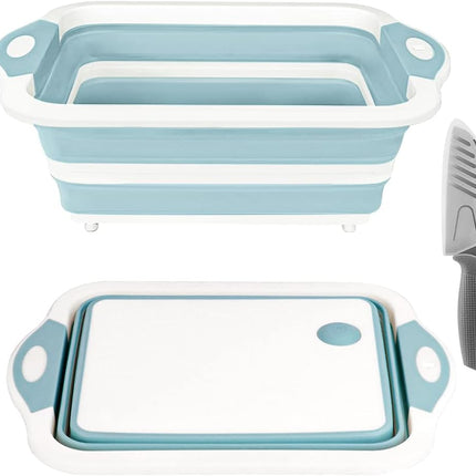 Collapsible Cutting Board, Foldable Chopping Board with Colander, Multifunctional Kitchen Vegetable Washing Basket Silicone Dish Tub for BBQ Prep/Picnic/Camping(Light Blue)