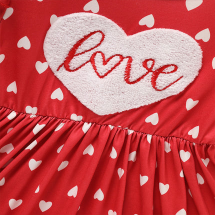 Toddler Girl's Cute 'LOVE' Embroidered Dress, Heart Print Long Sleeve A-Line Dress With Ruffle Hem