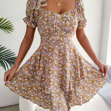 Women Mini Dress Temperament Big Swing Loose Hem Flower Print Shirring Dress Up Short Sleeves High Waist Summer Dress Clothes