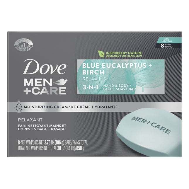 3-In-1 Men'S Dry Hand, Body, Face + Shave Bar Relaxing Blue Eucalyptus, 3.75 Oz 8 Bars