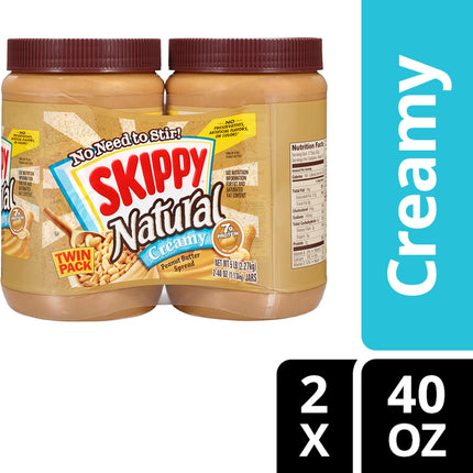 Natural Creamy Peanut Butter Spread, 7 G Protein per Serving, 40 Oz Plastic Jar Twin Pack