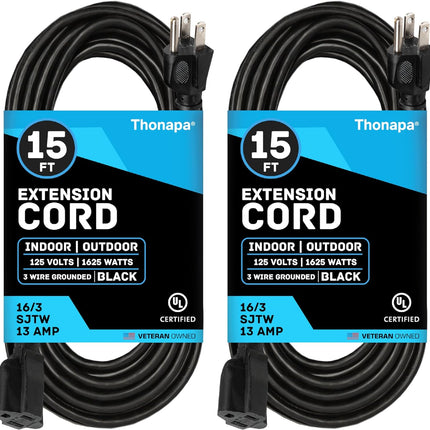 13 Amp Outdoor Extension Cord 15 Ft, 2 Pack, 16/3 SJTW 15 Foot Black Extension Cord 3 Prong Multi Pack, Weatherproof Exteriorpower Cable for Outdoor Lights, Landscaping, Lawn, UL Certified