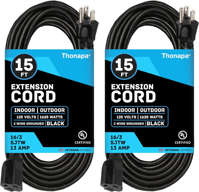 13 Amp Outdoor Extension Cord 15 Ft, 2 Pack, 16/3 SJTW 15 Foot Black Extension Cord 3 Prong Multi Pack, Weatherproof Exteriorpower Cable for Outdoor Lights, Landscaping, Lawn, UL Certified