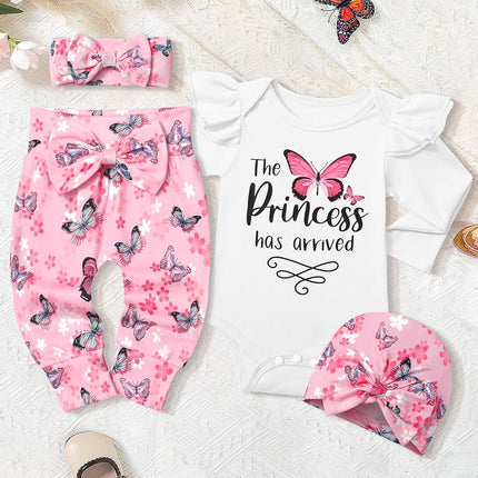 Baby Girl Clothes, Newborn Girl Letter Print Romper Tops +Cute Pants +Hat +Headband 4PCS Spring Summer Outfits Set