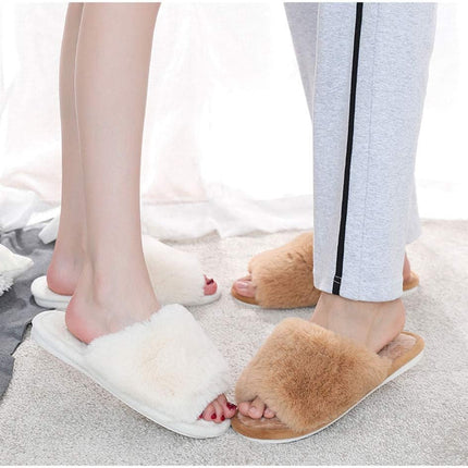 Women'S Fuzzy Fur Flat Slippers Soft Open Toe House Slippers Memory Foam Sandals Slides Home Slippers for Girls Men Indoor Outdoor