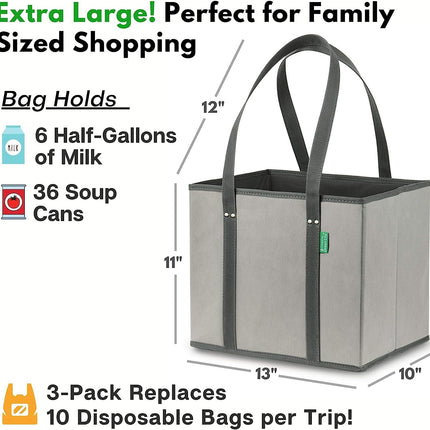 Reusable Grocery Bags (3 Pack) – Heavy Duty Reusable Shopping Bags with Box Shape to Stand Up, Stay Open, Fold Flat – Large Tote Bags with Long Handles & Reinforced Bottom (Gray)