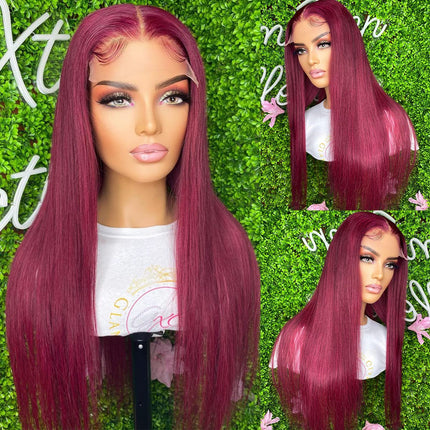 Burgundy Lace Front Wigs Human Hair for Black Women Red Wine Straight 5X5 Transparent Lace Closure Wig Long Silk Virgin Human Hair Pre Plucked with Baby Hair （18 Inches）