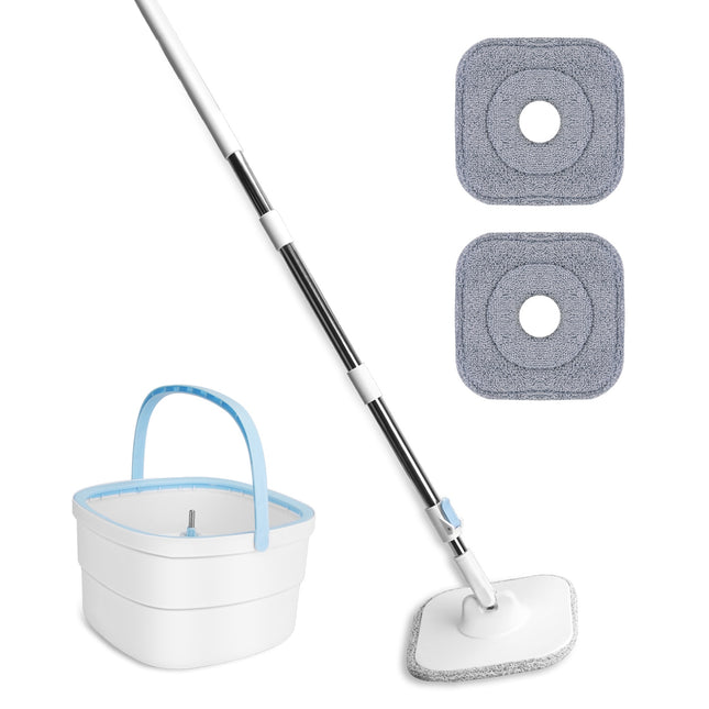 Spin Mop And Bucket With Wringer Set Flat Floor Mop With Clean And Dirty Water Separate System 2 Replaceable Reusable Washable Microfiber Mop Pads