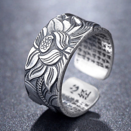 Thai Silver Black Lotus Heart Sutra  Ring