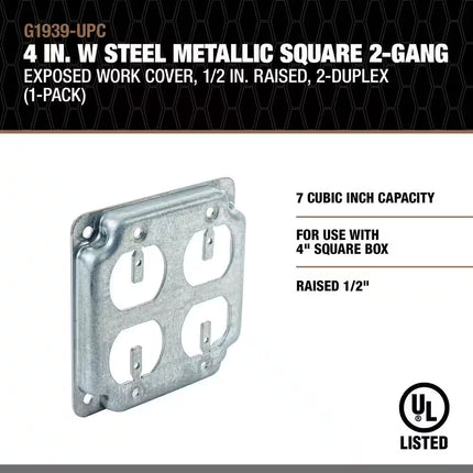 4 In. Steel Metallic, Square Box Cover, 2 Duplex, 1/2 In. Raised (1-Pack)