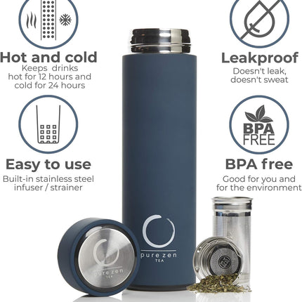 Thermos with Infuser for Tea, Coffee and Fruit-Infused Water - Stainless Steel - Tea Infuser Bottle - Tea Tumbler with Infuser - Leakproof Travel Tea Mug - Tea Infuser Cup - 15Oz - Blue