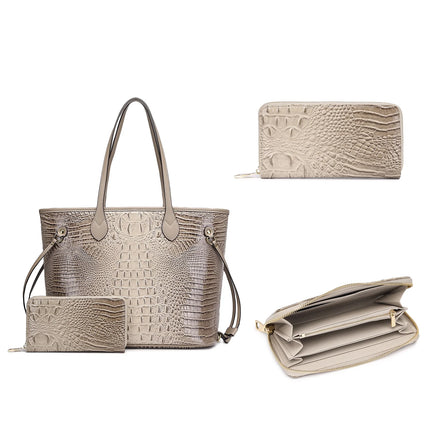 Croco Skin Shoulder Handbag with Wallet for Women. Designer Inspired Tote Bags. Beige Color. Size: (13.5 X 6.5 X11.5)