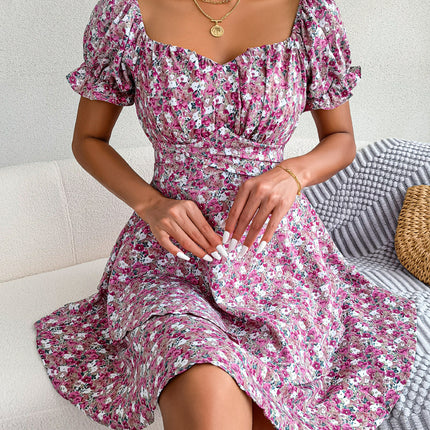 Women Mini Dress Temperament Big Swing Loose Hem Flower Print Shirring Dress Up Short Sleeves High Waist Summer Dress Clothes