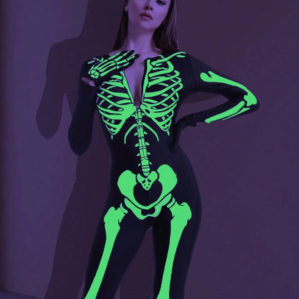 Glow in the Dark Skeleton Costume for Adults Women Halloween Dress up Party Role Playing Cosplay