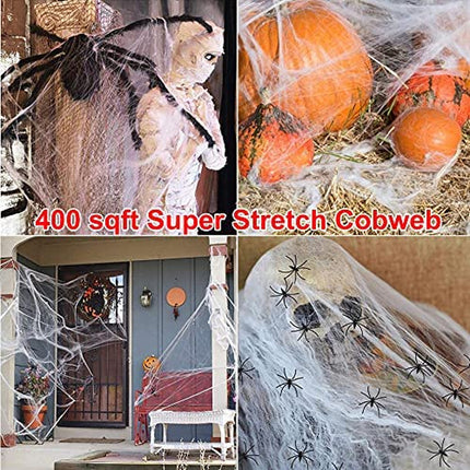 Halloween Decorations Outdoor with 6.6 Ft Giant Spider Scary Hairy Spider, 400Sqft Fake Spider Web, 20 Black Plastic Spiders Props for outside Indoor House Yard Halloween Decor Party Favor, 3 Pack