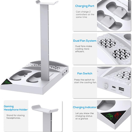 Charger Stand Cooling Fan for Xbox Series S Console & Controller,Vertical Dual Cooler System Charging Dock Accessories with 2 X 1400Mah Rechargeable Battery & Cover,Earphone Bracket for Xbox Series S