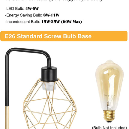 Industrial USB Desk Lamp, Edison Desk Lamp Gold Metal Cage Table Lamp with 2 USB Ports and 1 AC Outlet Vintage Bedside Nightstand Lamp for Bedroom, Living Room, Office (Gold)