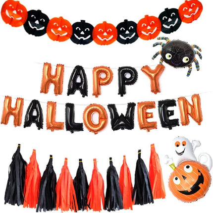 Halloween Party Decorations Set Happy Halloween Banners Kit with Latex Balloons Spider Pumpkin Ghost Aluminum Film Balloon Decorative Balloons Set（Letter Style）