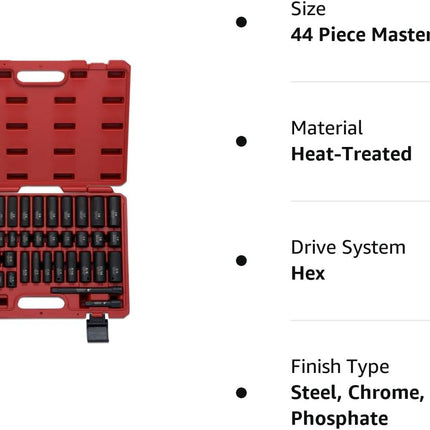 02440A 3/8-Inch-Drive Impact Socket Set, SAE Sizes 5/16" to 3/4" and Metric Sizes 8 Mm to 19 Mm, Includes Extension Bars and U-Joint, 44 Pieces