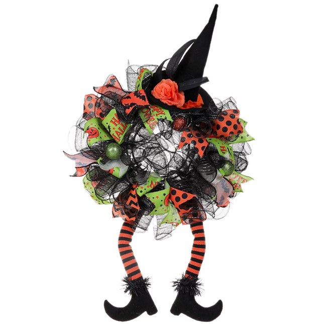 29 Inch Halloween Wreath with Hat Leg Pumpkin Door Wreath, Haunted House Decoration Pendant, Halloween Party Pendant