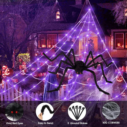 23 FT Spider Web Decor and 290 LED Halloween Lights with 78.7 in Large Spider Halloween Outdoor Decoration