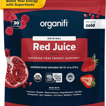 Red Juice - Natural Superfood Energy Boost - High in Antioxidants - Sweet-Berry Taste - Caffeine-Free - Contains Adaptogens and Organic Mushrooms, 30 Servings