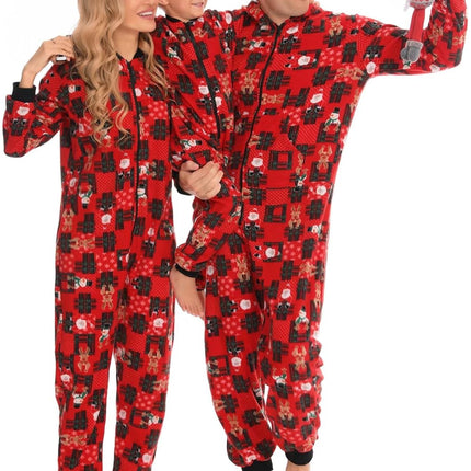 Matching Christmas One Piece Pajamas Fleece Onesie Sleepwear Hooded Zip-Up Jumpsuit with Pockets