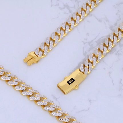 10K Yellow Gold 7.5Mm Monaco Miami Cuban Diamond Cut Pave Link Chain Necklace, Mens Jewelry Fancy Box Clasp 18" - 30"