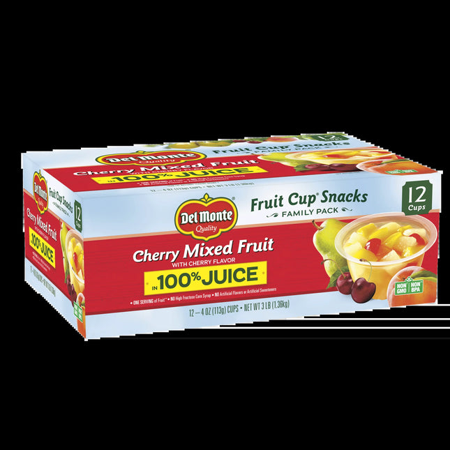 (12 Cups)  Cherry Mixed Fruit Cup Snacks in 100% Juice, 4 Oz