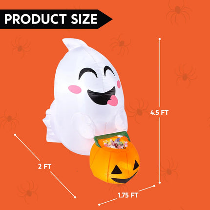 4.5 FT Halloween Inflatable Outdoor Cute Flying Ghost with Pumpkin Candy Basket Broke Out from Window with Built-In LED Blow up Inflatable for Window Decoration Yard