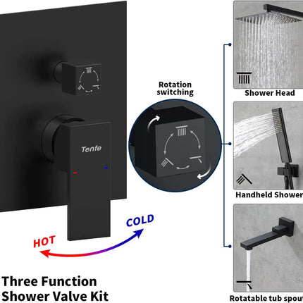 Folding Tub Shower Faucet Set, Matte Black Bathtub Faucet With12 Inch Rain Shower Head and Tub Spout for Bathroom