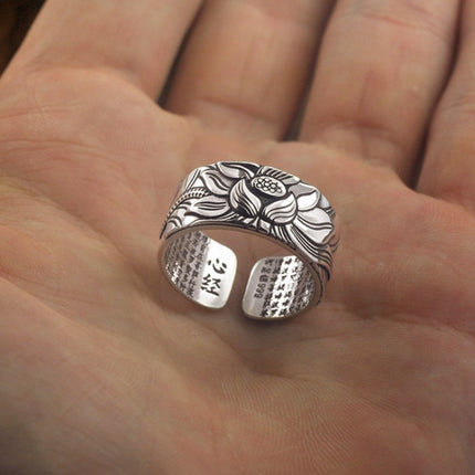 Thai Silver Black Lotus Heart Sutra  Ring