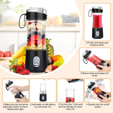 Portable Blender, Personal Mixer Fruit Rechargeable USB with 2 Straws, Mini Blender for Smoothie, Fruit Juice, Milk Shakes 380Ml, Six 3D Blades for Great Mixing (Black)