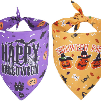 2 Pack Halloween Dog Bandana, Reversible Triangle Dog Scarf Accessories Halloween Bandanas for Small Medium Large Dogs Pets (Purple & Yellow)